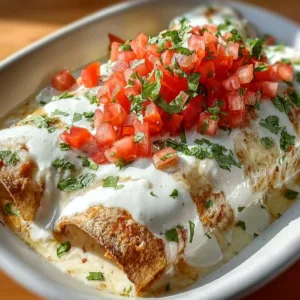 Creamy queso chicken enchiladas topped with melted cheese and fresh herbs