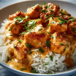 Delicious creamy smothered chicken served with rice in a flavorful sauce
