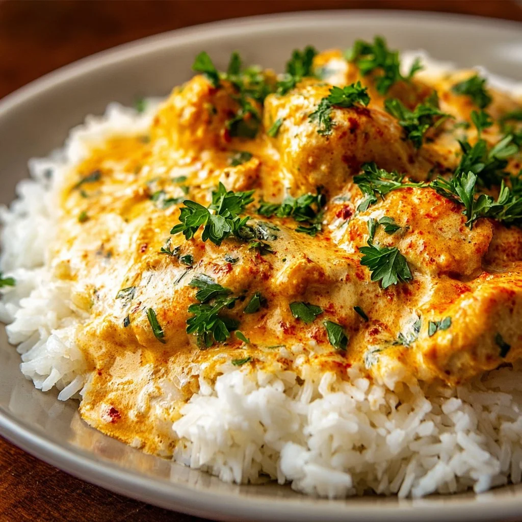 Creamy smothered chicken served over rice in a vibrant dish
