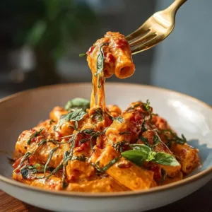 Creamy tomato garlic pasta dish garnished with basil on a white plate.