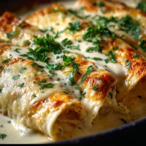 Creamy white chicken enchiladas served with garnishes