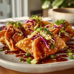 Plate of Crispy Chicken Wonton Tacos garnished with fresh herbs and sauce