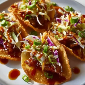 Crispy chicken wonton tacos served with fresh toppings and sauces