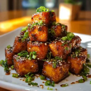 Crispy honey garlic tofu served on a plate with garnishes