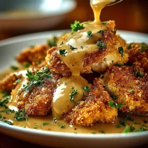 Crispy Parmesan Chicken drizzled with rich garlic sauce on a plate