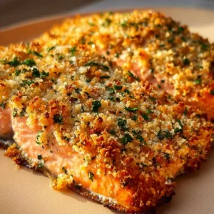 Crispy Parmesan Salmon Bake served on a plate garnished with herbs