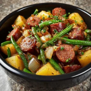 Crockpot Kielbasa with Green Beans dish served in a bowl