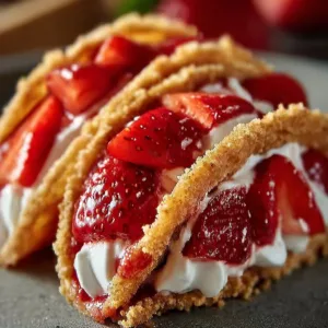 Strawberry crunch cheesecake tacos served on a plate with strawberries and cream.