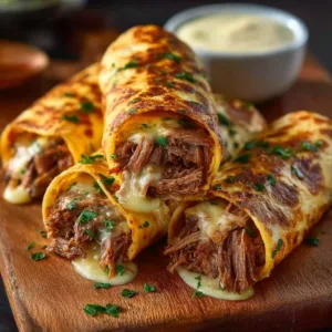 French Dip Tortilla Roll Ups served on a platter with dipping sauce