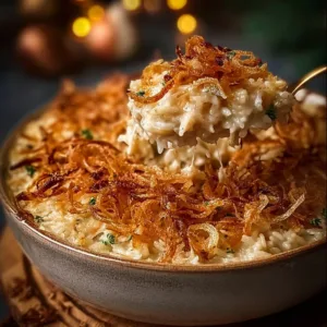 Delicious French Onion Chicken Rice Bake topped with melted cheese and fresh herbs.