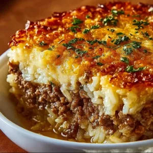 Delicious French onion ground beef and rice casserole ready to serve.