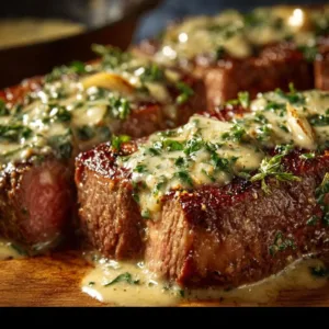 Garlic Butter Steak drizzled with rich Parmesan Cream Sauce