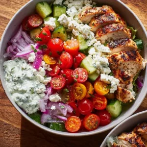 Greek Chicken Bowls with fresh vegetables and tzatziki sauce