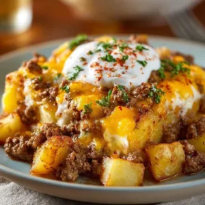 Delicious ground beef and potatoes casserole in a baking dish.