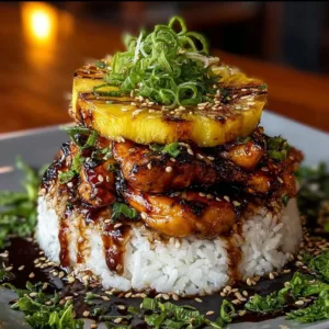 Hawaiian Turn Turn Chicken Stack served on a plate with colorful vegetables