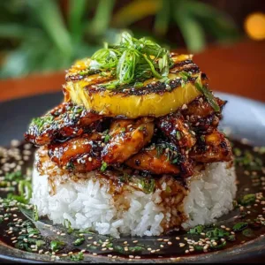 Hawaiian Turned Chicken Stack garnished with fresh ingredients on a plate