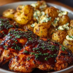 Honey BBQ Chicken with Garlic Parmesan Potatoes 2 Honey BBQ Chicken served with garlic parmesan potatoes on a plate