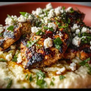Hot Honey Feta Chicken dish garnished with herbs and honey drizzle