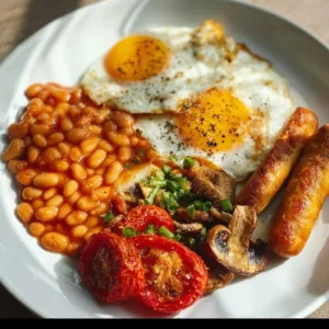 A classic full English breakfast featuring eggs, bacon, sausage, and toast.
