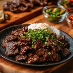 Delicious homemade Beef Bulgogi served with vegetables and rice.