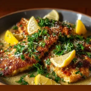Plate of Lemon Chicken Romano garnished with herbs and lemon slices