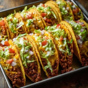 Oven-baked cheesy tacos loaded with ingredients and topped with melted cheese