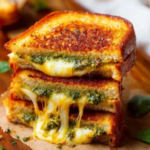 Delicious pesto grilled cheese sandwich with fresh basil and melted cheese