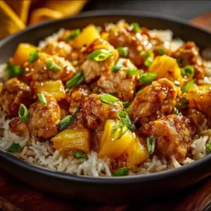 Delicious pineapple chicken served with rice for a flavorful meal.