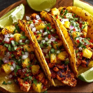 Delicious Pineapple Chicken Tacos topped with fresh ingredients.
