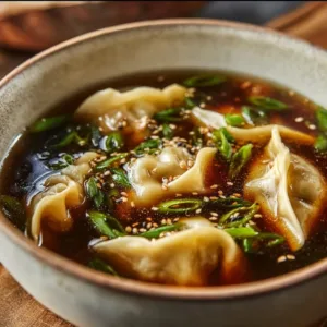 Bowl of homemade potsticker soup with dumplings and green onions
