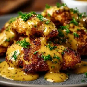 Crispy Pretzel Chicken with savory dipping sauce on a plate