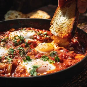 A vibrant plate of Shakshuka with poached eggs in spicy tomato sauce