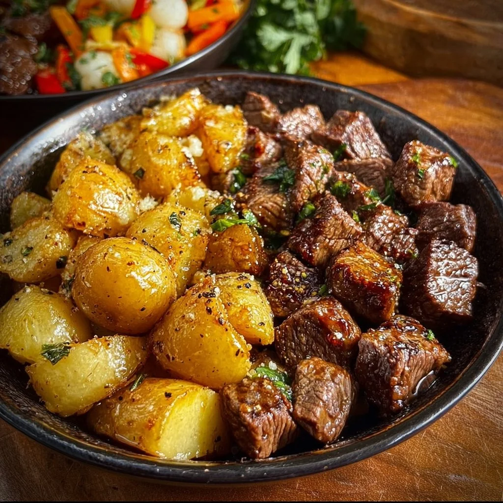 Slow Cooker Garlic Butter Steak Bites & Potatoes