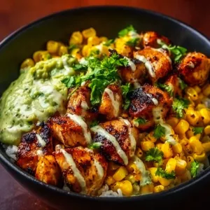 Smoky Mexican street corn chicken rice bowl with toppings