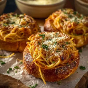 Spaghetti garlic bread bowls filled with spaghetti and topped with herbs and cheese