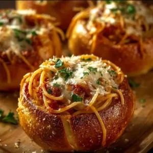 Spaghetti garlic bread bowls, a delicious fusion of pasta and savory garlic bread.