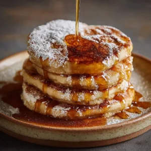 Delicious Spanish churro-inspired pancakes stacked on a plate with chocolate sauce