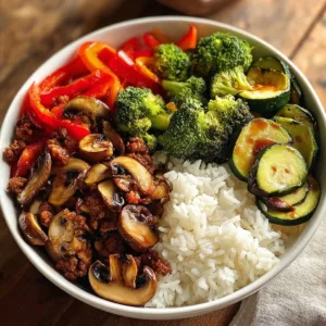 Spicy ground beef stir-fry bowl with garlic vegetables and steamed rice