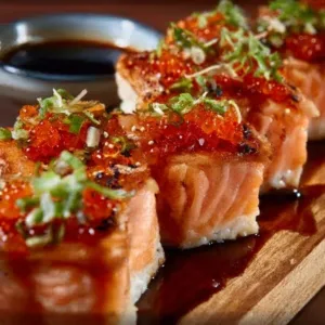 Delicious spicy salmon sushi bake served in a dish with toppings