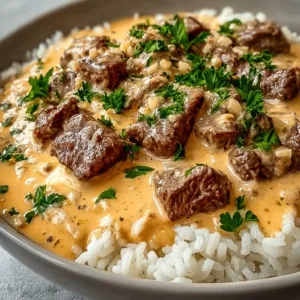 Delicious steak cheese rice dish served on a wooden table