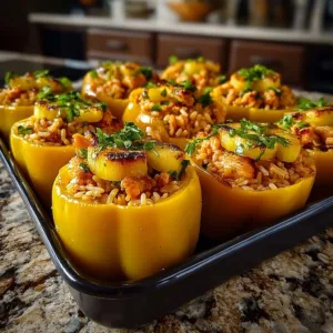 Teriyaki Pineapple Chicken and Rice Stuffed Peppers on a plate