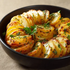 Crispy air fryer sliced potatoes served on a plate with herbs