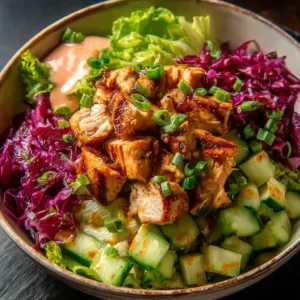 Delicious Bang Bang Chicken Bowl topped with creamy sauce and fresh ingredients