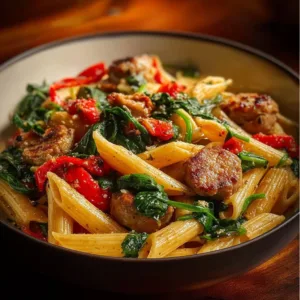 Cajun Sausage Pasta 2 A delicious plate of Cajun Sausage Pasta with vibrant colors and rich flavors.