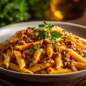 Creamy Beef Pasta 2 Delicious creamy beef pasta served in a bowl with herbs and cheese on top.