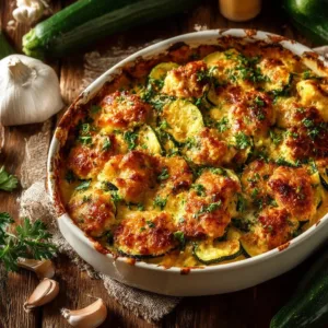 Easy Chicken Zucchini Bake 2 Easy chicken zucchini bake topped with cheese and herbs on a baking dish.