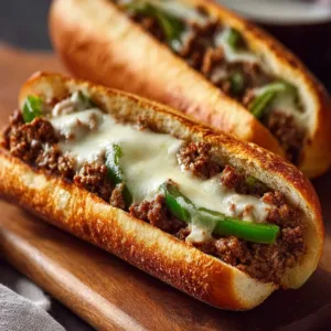 Ground Beef Philly Cheesesteaks 2 Delicious Ground Beef Philly Cheesesteaks on a toasted hoagie roll