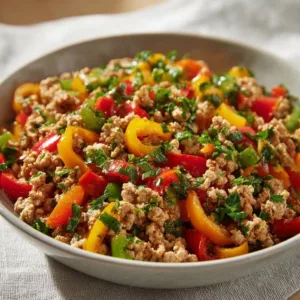Plate of ground turkey and peppers dish garnished with fresh herbs
