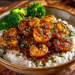 Delicious honey garlic shrimp bowl with vegetables and rice