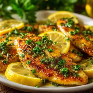 Plate of succulent lemon chicken garnished with herbs and lemon slices.